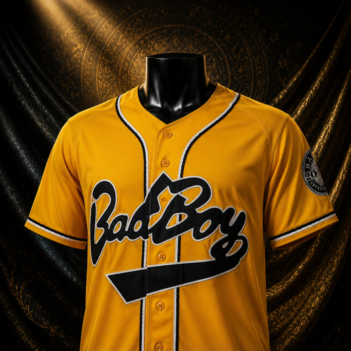 Biggie #10 Bad Boy Baseball Jersey — graphic detail, framed from the product image