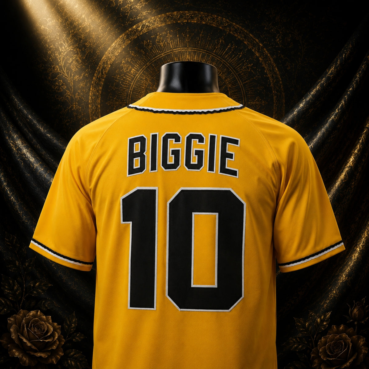 Biggie #10 Bad Boy Baseball Jersey — lettering detail, framed from the product image