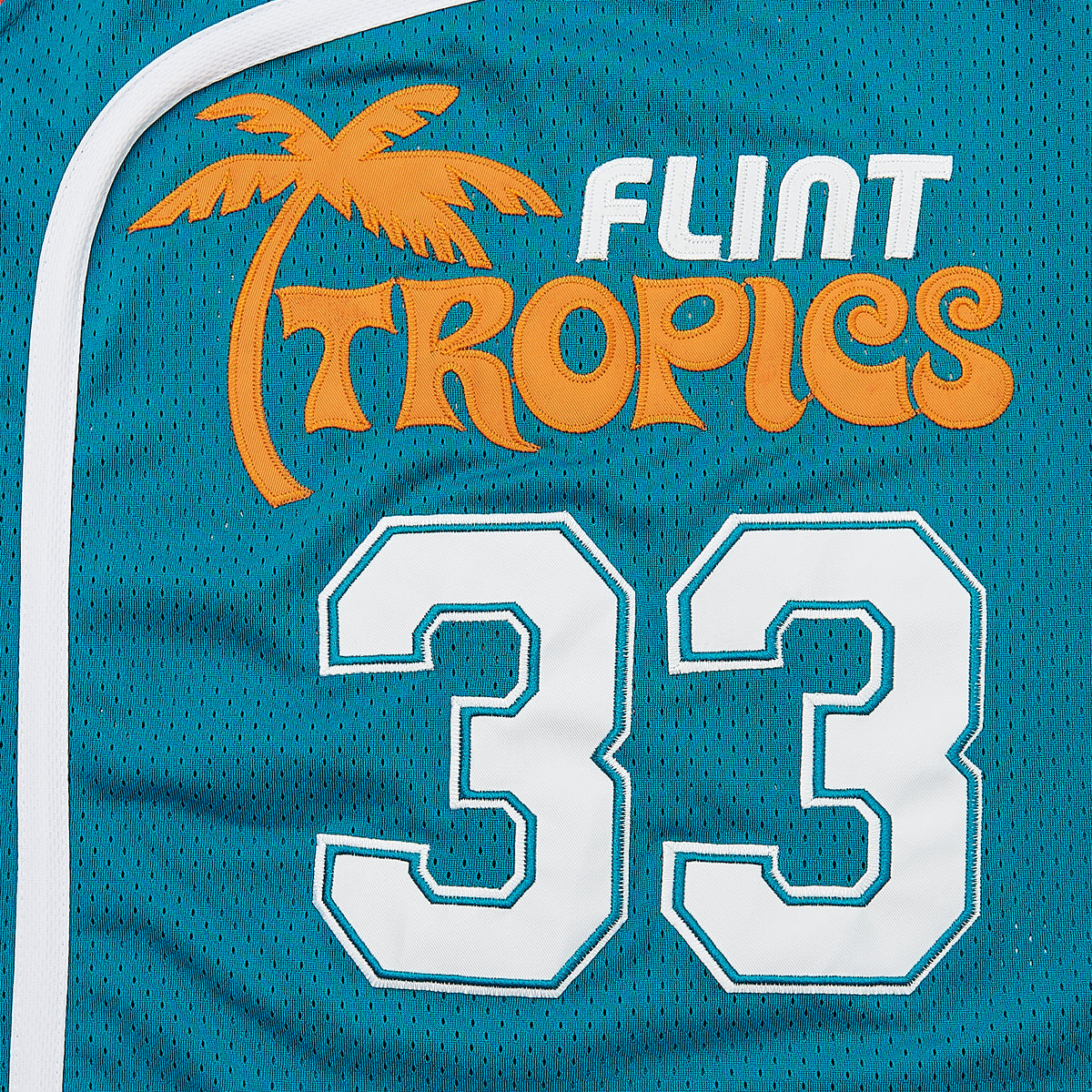 Jackie Moon #33 Semi-Pro Flint Tropics Basketball Jersey — Blue — chest detail