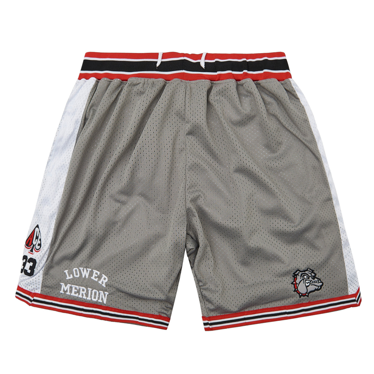 The Grey Lower Merion Basketball Shorts — graphic detail, framed from the product image