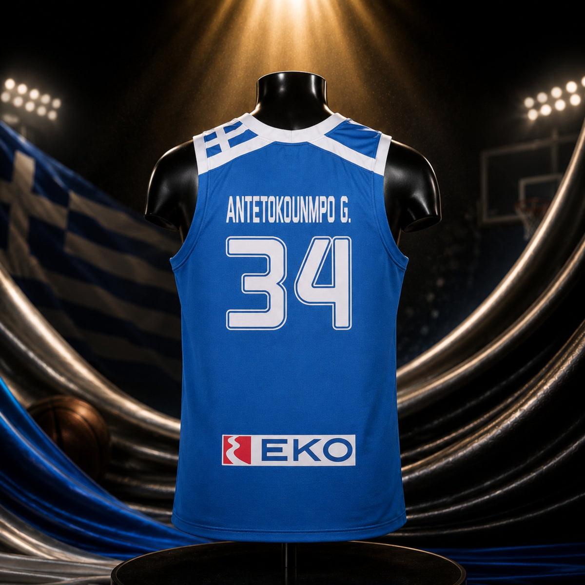 Giannis Antetokounmpo Greece National Team Basktball Jersey — lettering detail, framed from the product image