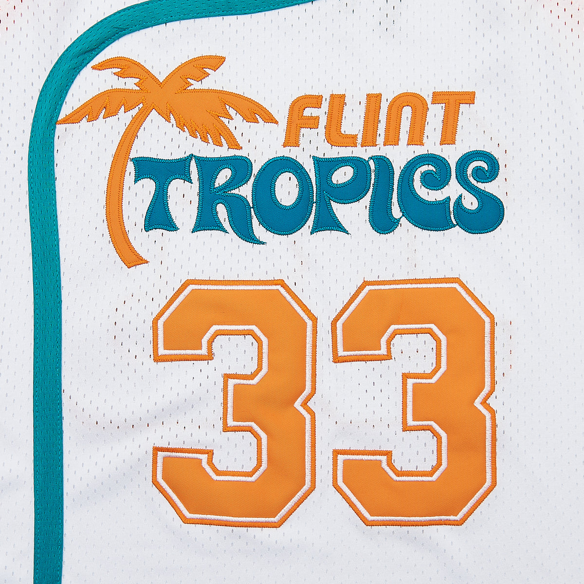 Jackie Moon #33 Semi-Pro Flint Tropics Basketball Jersey — White — chest detail