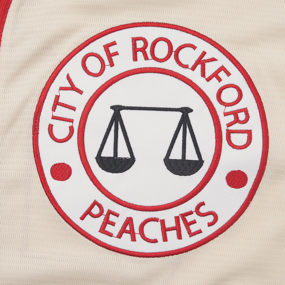 Jimmy Dugan Rockford Peaches #43 Baseball Jersey — chest detail