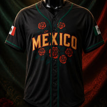 Black baseball jersey with 'Mexico' and rose designs on a dark background