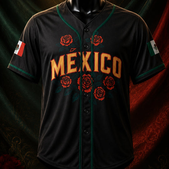 Black baseball jersey with 'Mexico' and rose designs on a dark background