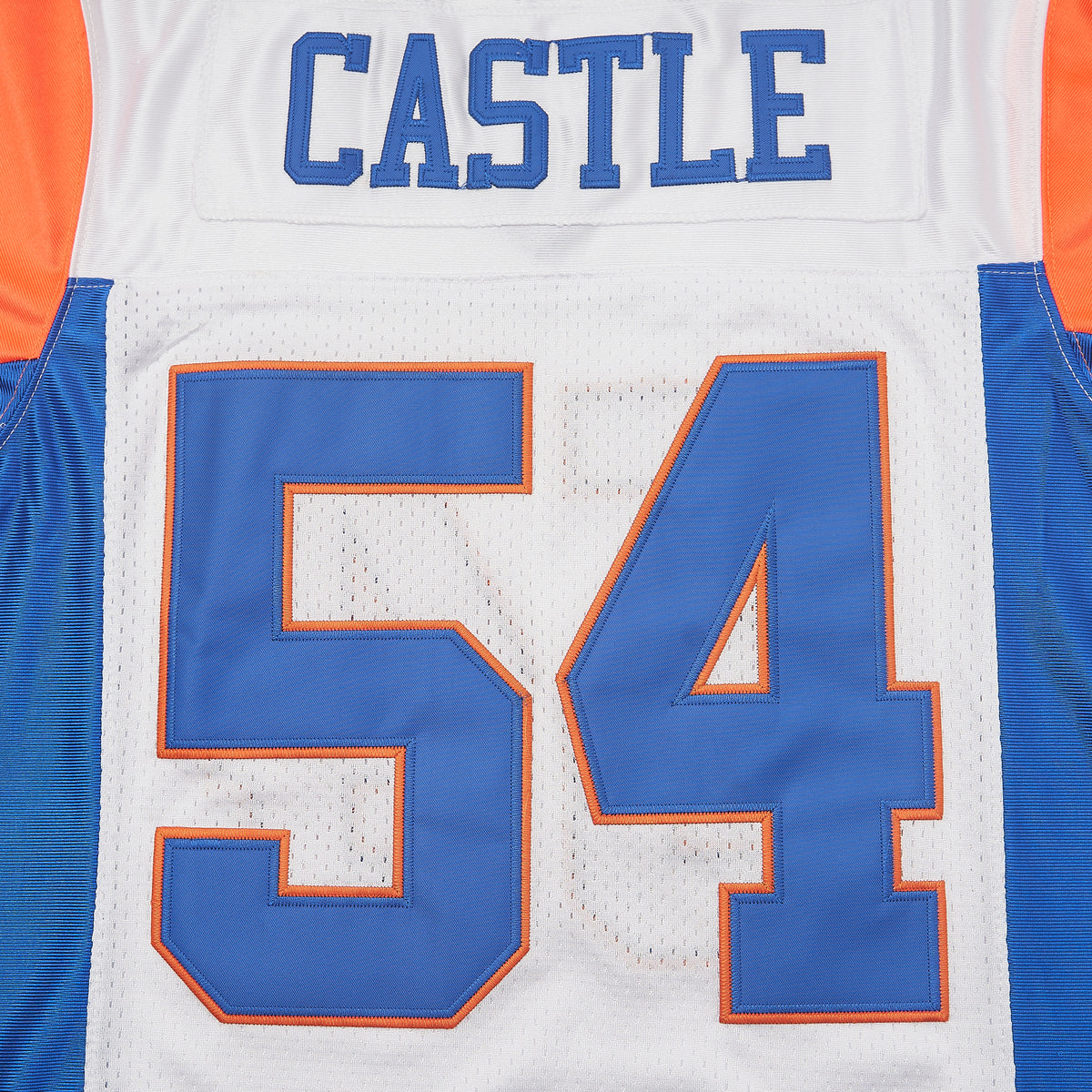 Thad Castle Blue Mountain State #54 Football Jersey — White — lettering detail