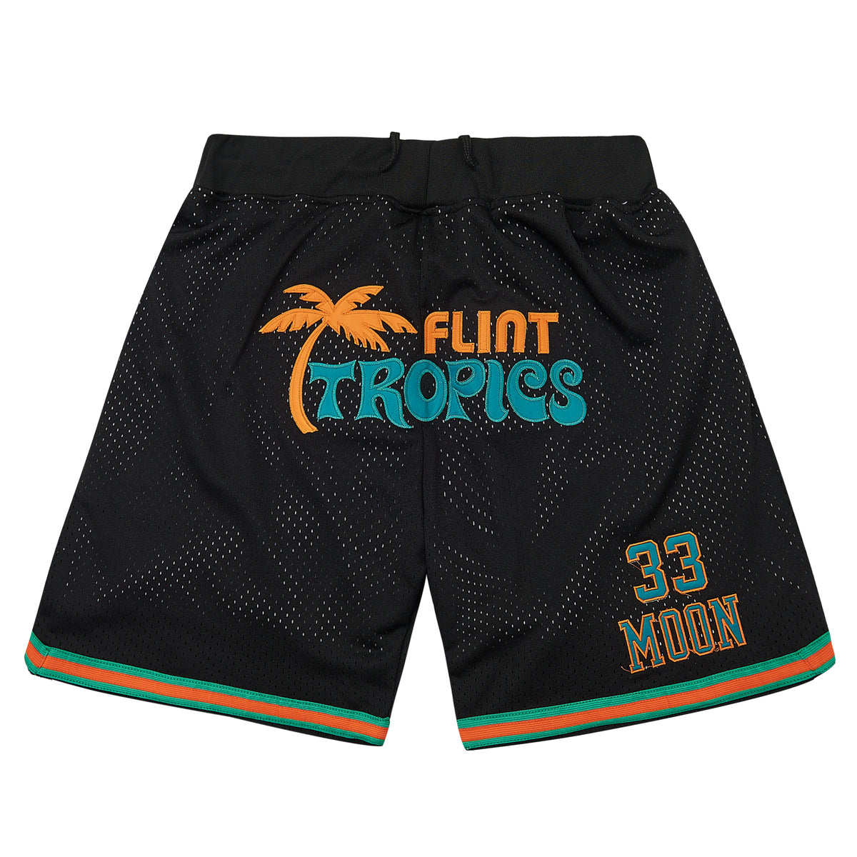The Moon Flint Tropics Basketball Shorts — Black — graphic detail, framed from the product image