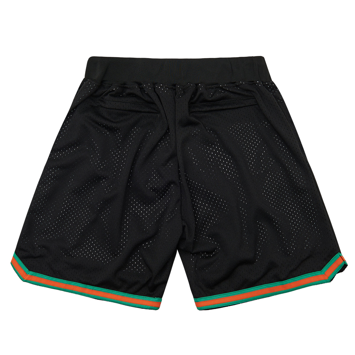 The Moon Flint Tropics Basketball Shorts — Black — trim detail, framed from the product image