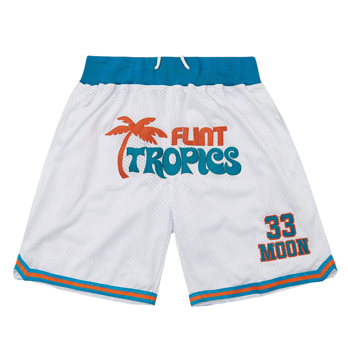The Moon Flint Tropics Basketball Shorts — White — graphic detail, framed from the product image
