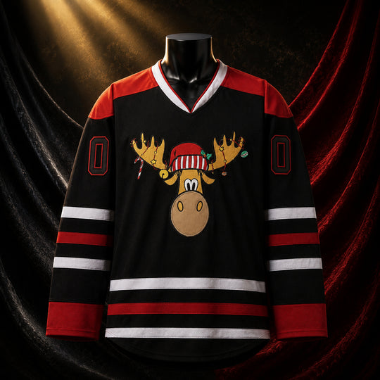 MJ-KIDS-SHORT-2000 | Custom Christmas Moose Kids Hockey Jersey | Black | 01