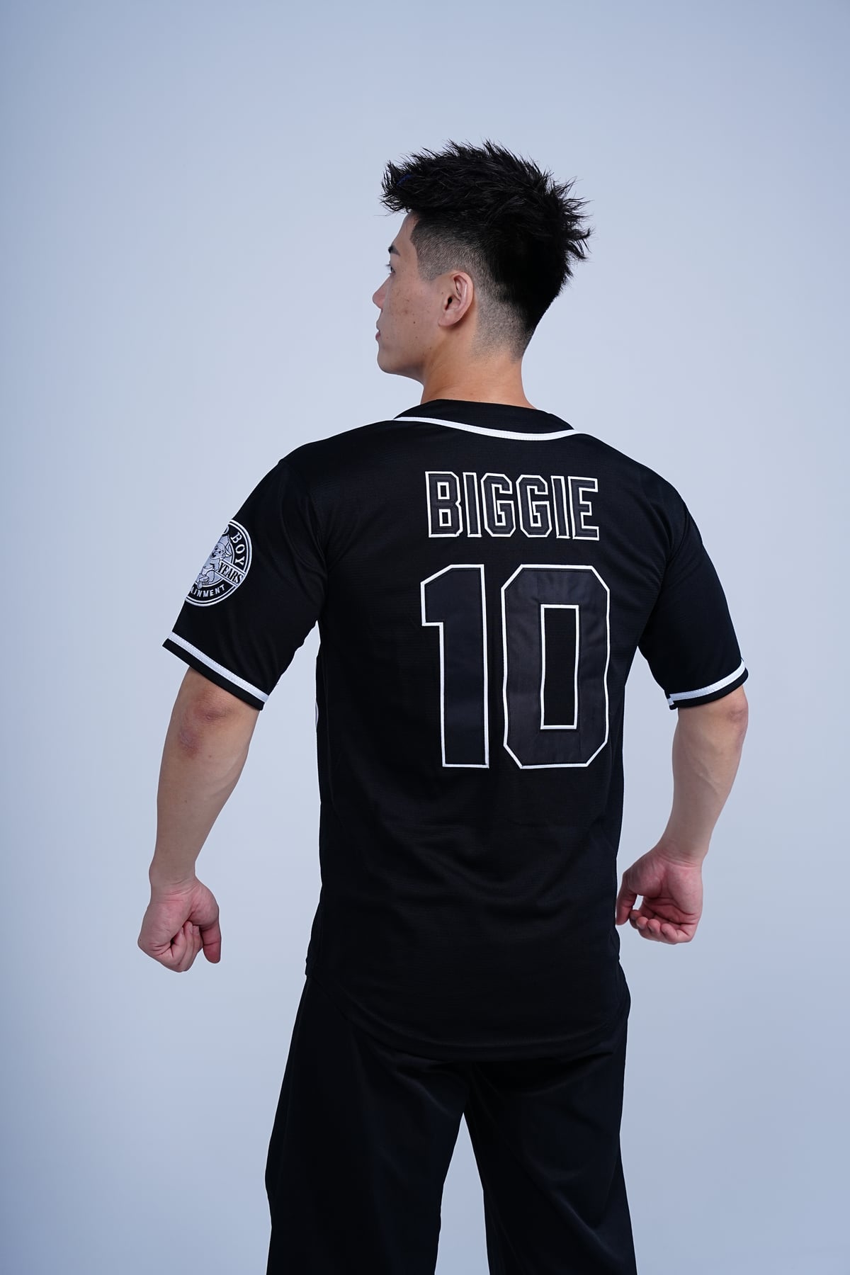 Bad Boy Biggie Baseball Jersey, black jersey back view worn on a model