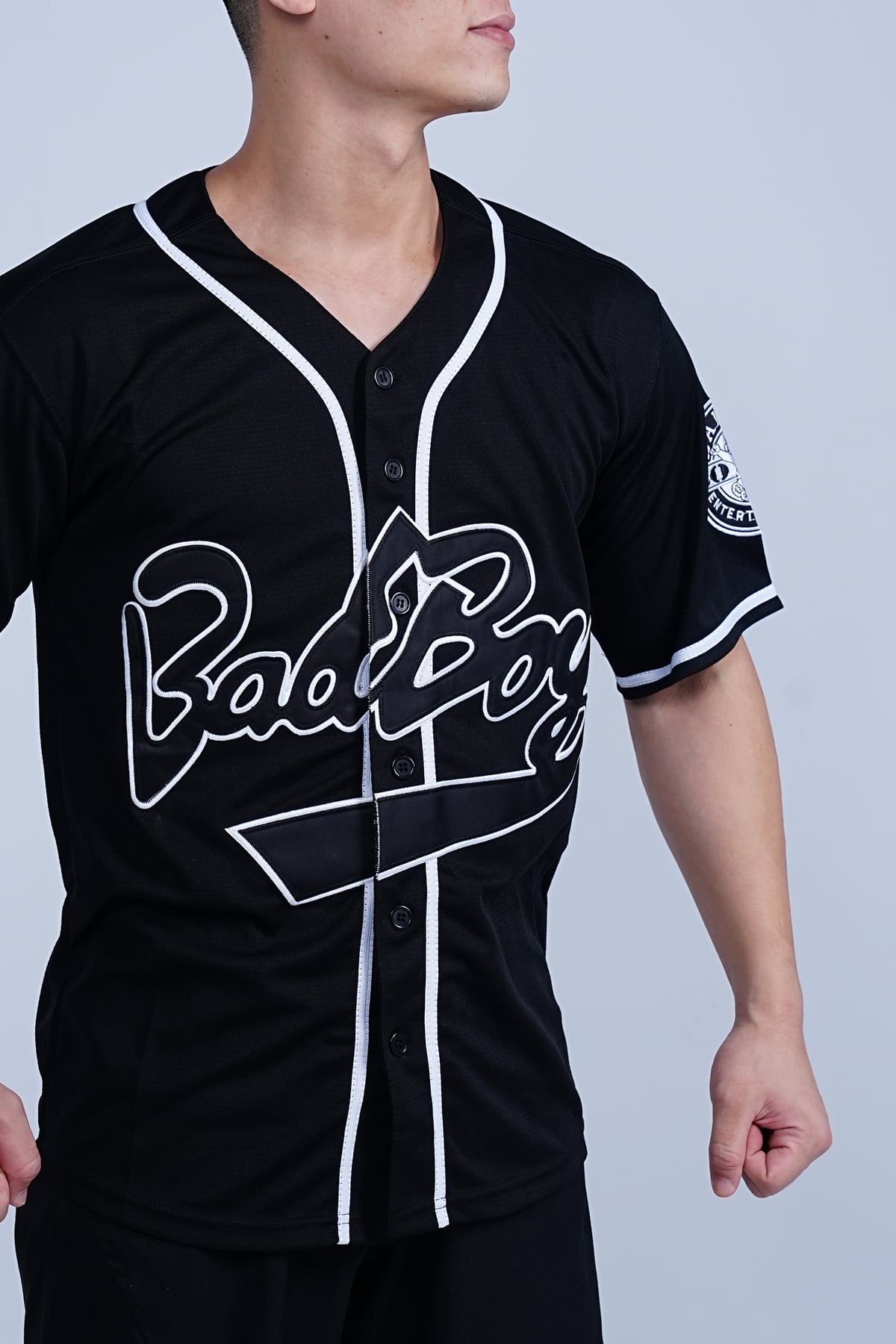 Bad Boy Biggie Baseball Jersey, black jersey front detail worn on a model