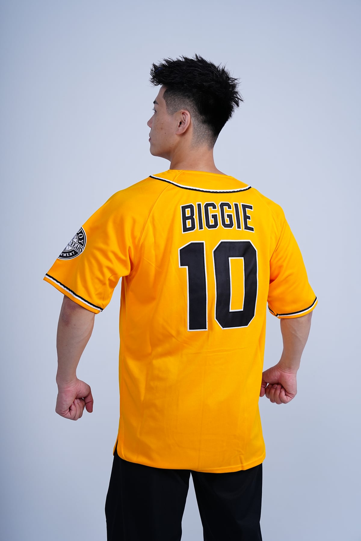 Bad Boy Biggie Baseball Jersey, yellow jersey back view worn on a model