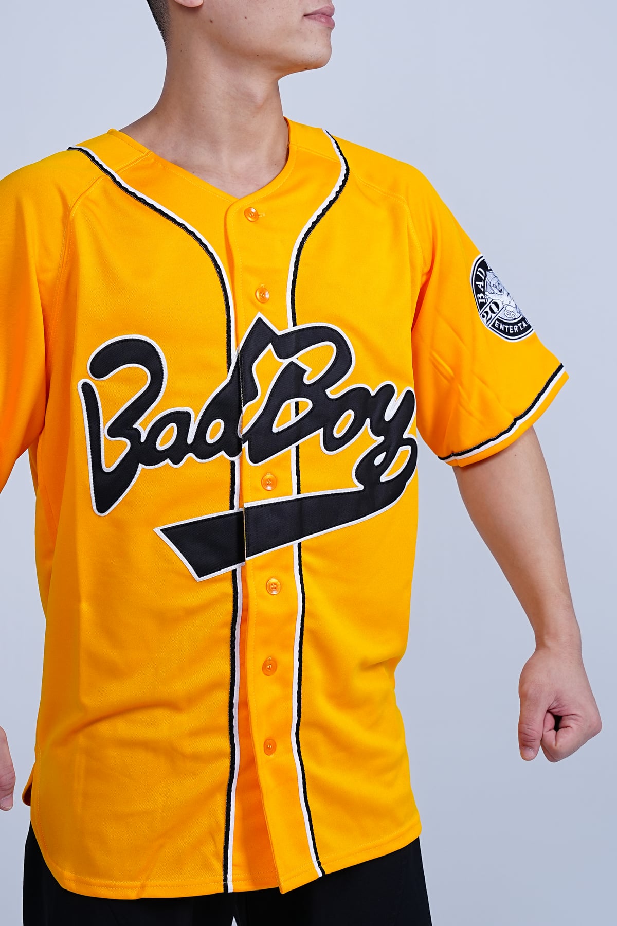 Bad Boy Biggie Baseball Jersey, yellow jersey front detail worn on a model