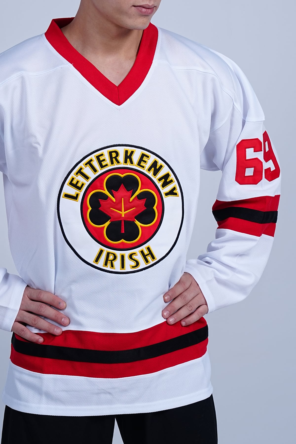 Shoresy Summer Christmas #69 Letterkenny Irish Hockey, white jersey front detail worn on a model