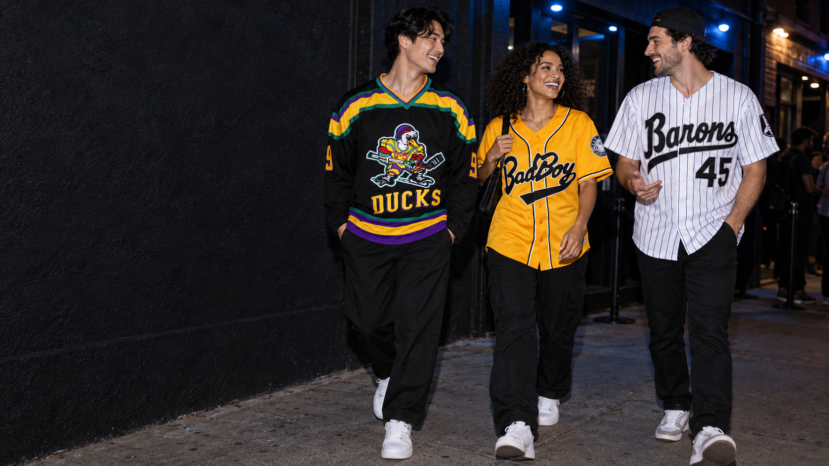 Three friends wearing MadeJersey styles on a night out